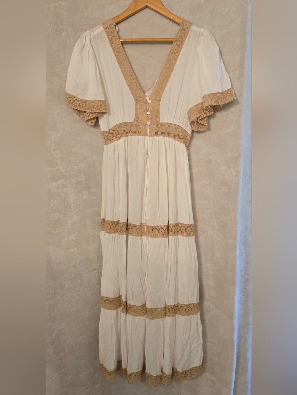 White Cover-Up Dress with Beige Lace - Size XS